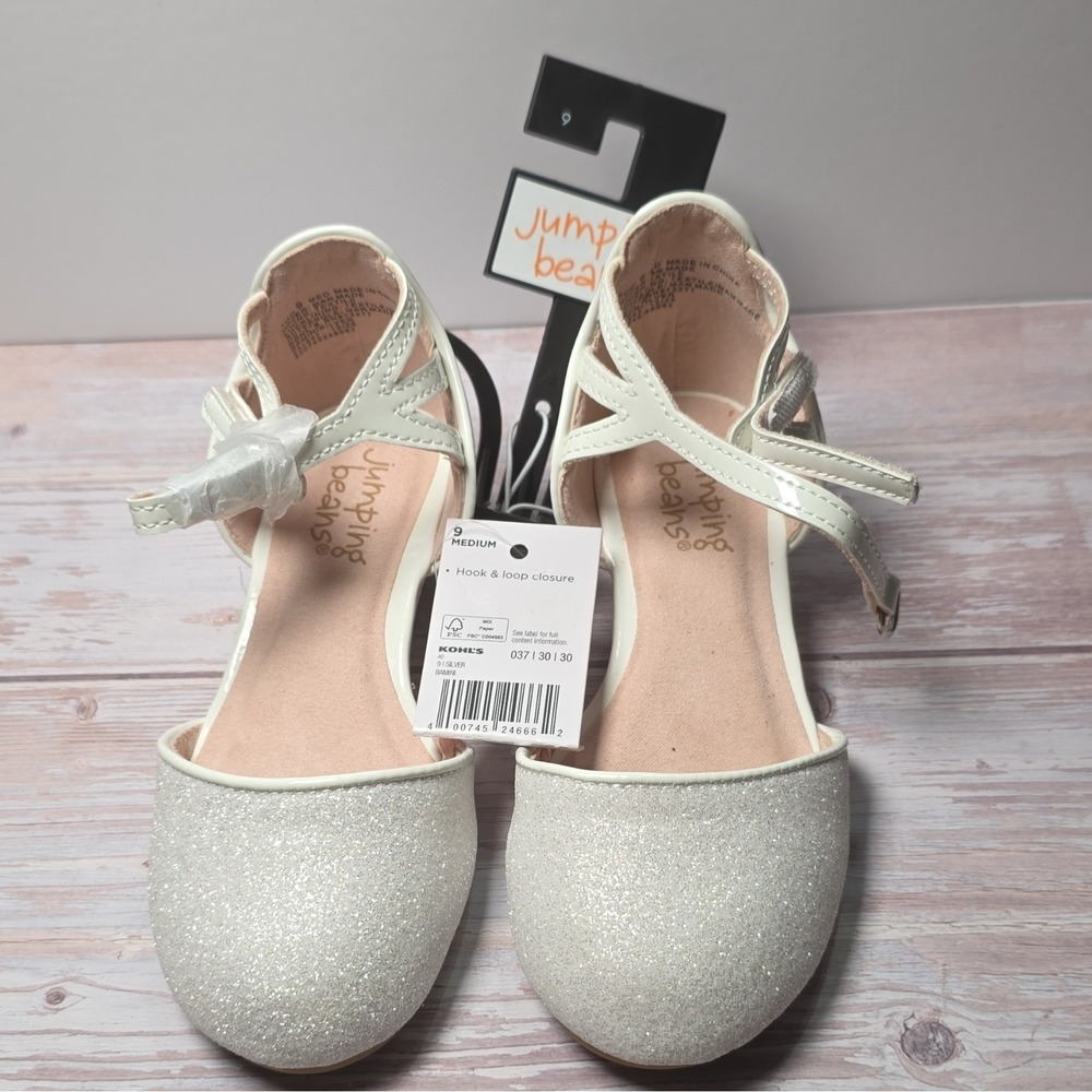 Jumping Beans Girls Mary Jane Dress Shoes Silver Glitter Hook & Loop 9M EU30